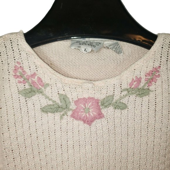 VTG Chain/Waffle Knit Short Sleeve Sweater Pastel Pink Embroidered Rose Floral - Picture 2 of 5